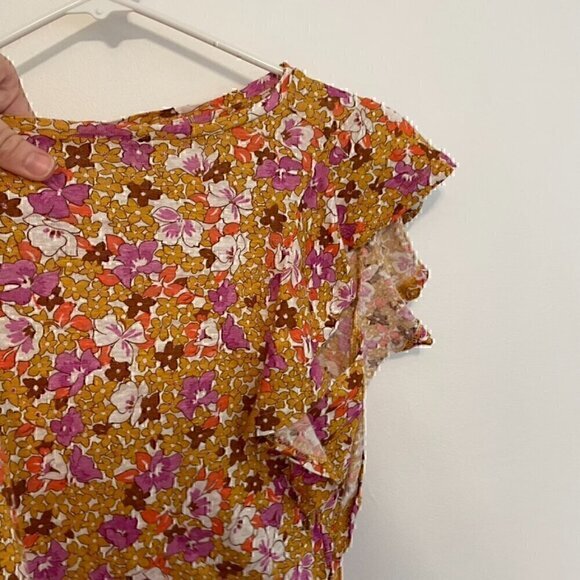 ANN TAYLOR Floral Linen Flutter Sleeve Tee White Mustard Pink Short Sleeve Top S - Picture 7 of 12